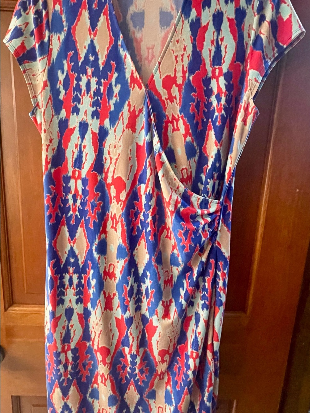 Jones New York Blue, Red & Cream Printed Midi Wrap Dress